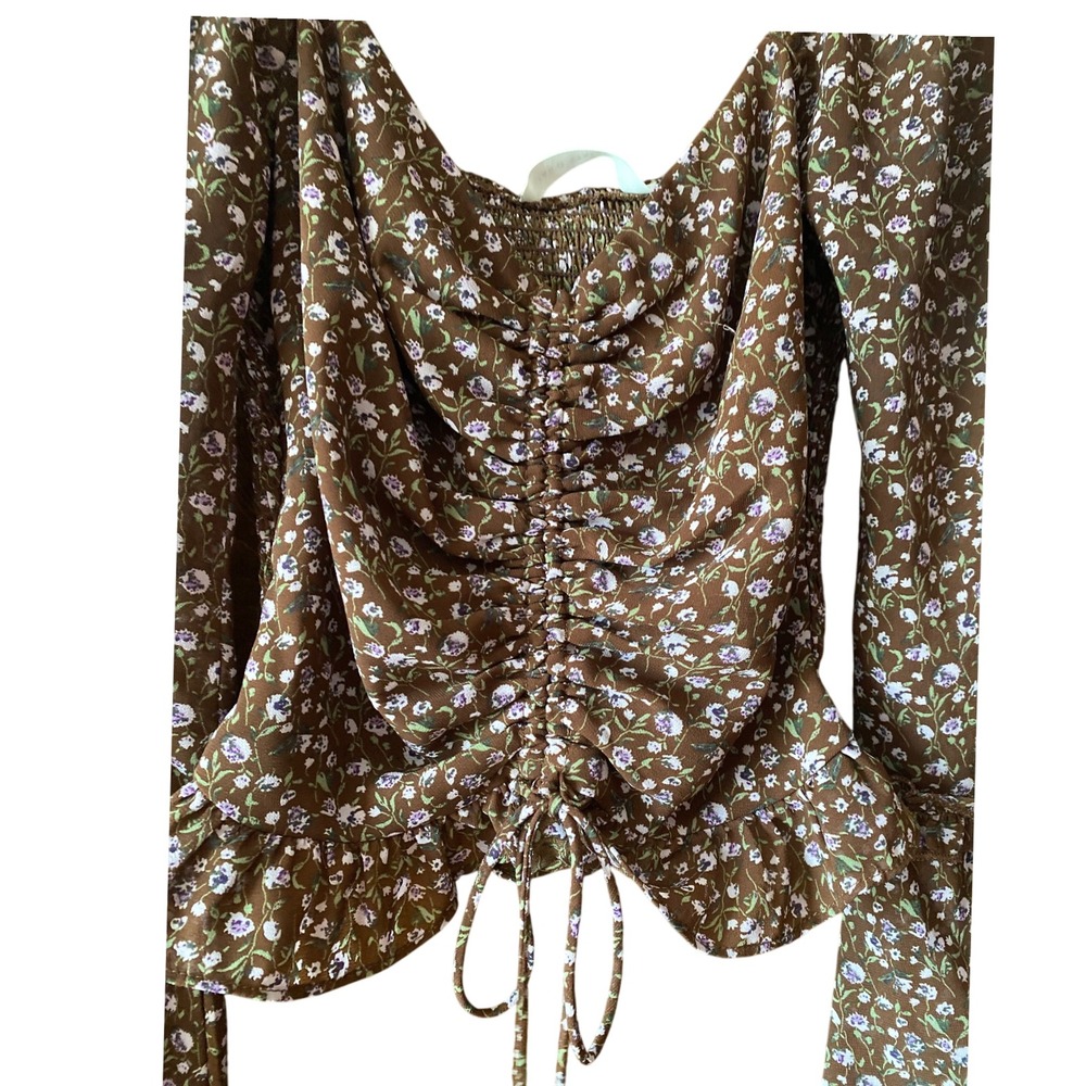 Altar'd State Floral Blouse Peasant Top‎ Cinched Drawstring Brown XS